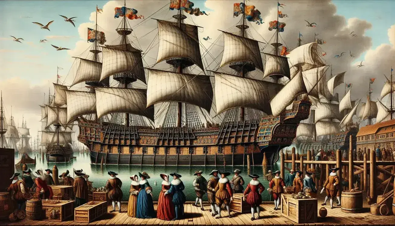 Porto marittimo elisabettiano con nave a tre alberi, vele bianche, figure in abiti d'epoca e merci sul molo.