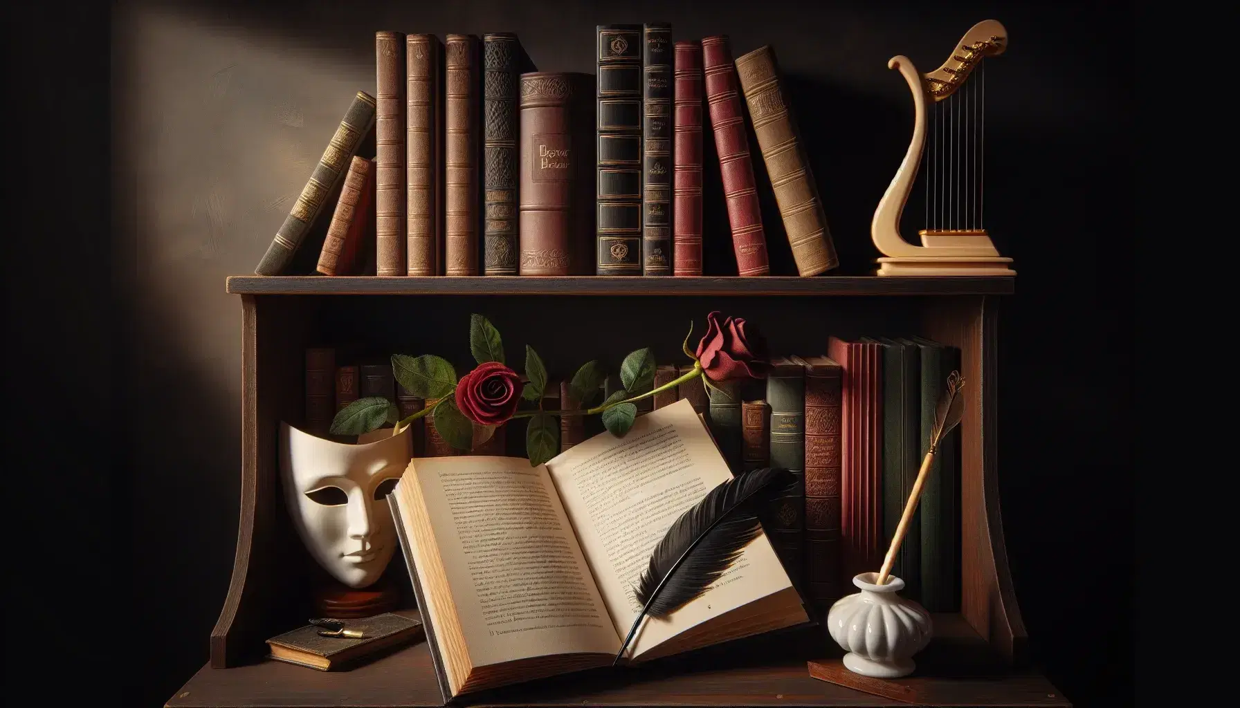 Estante de madera oscura con libros encuadernados, pluma en tintero, máscara teatral blanca, lira de madera y rosa roja sobre libro.