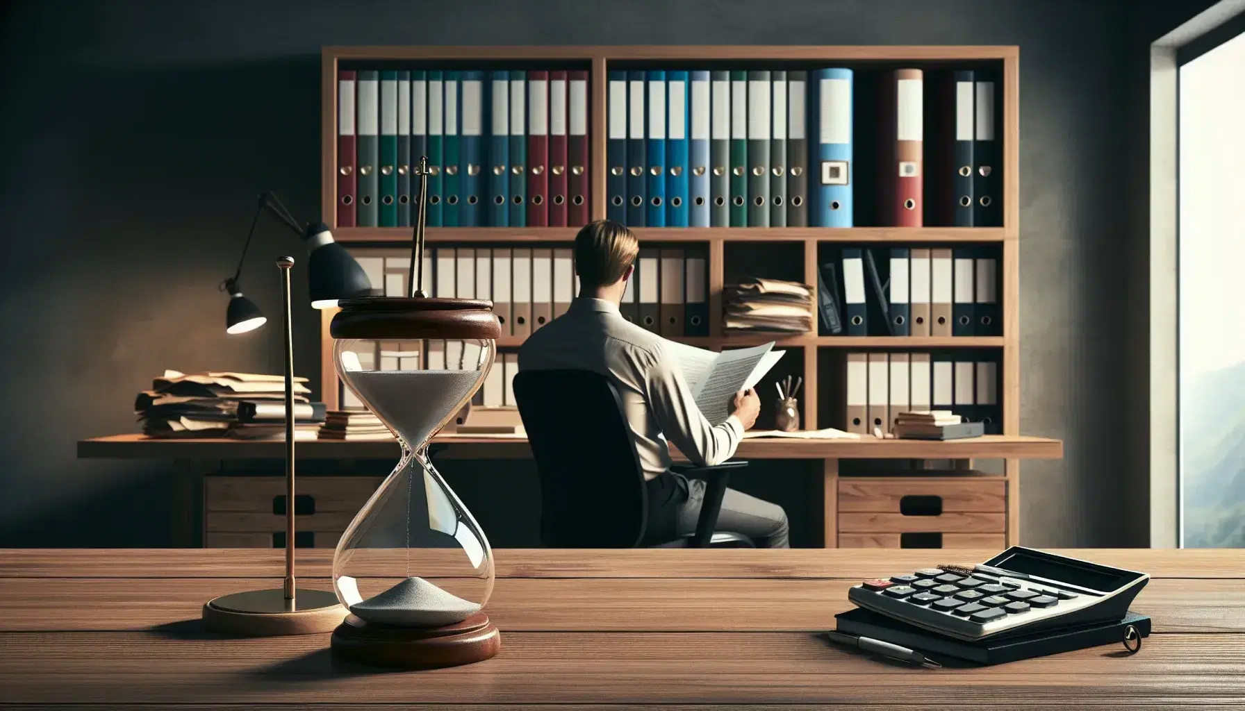 Escena en oficina de impuestos con escritorio de madera, documentos apilados, calculadora moderna y reloj de arena, tras el cual una persona revisa papeles frente a estantería con carpetas coloridas.