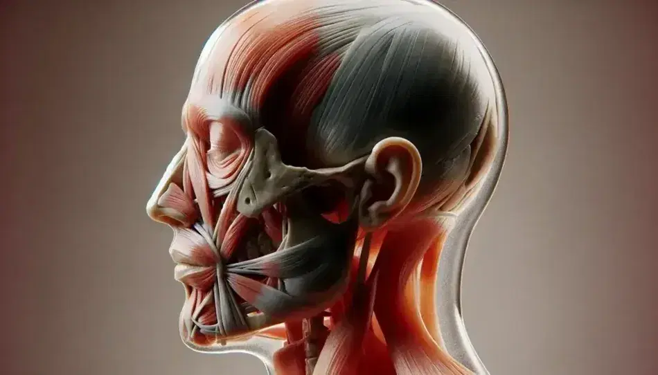 Modelo anatómico transparente de cabeza humana mostrando músculos de la masticación en rojo, destacando el temporal y el masetero, con fondo neutro.