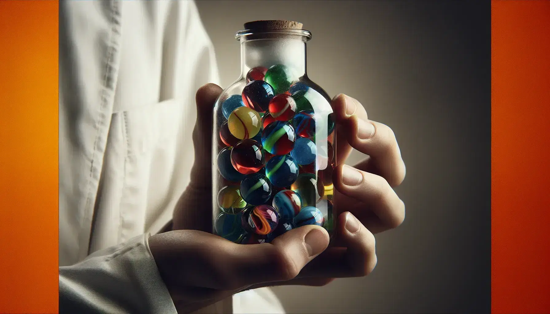Close-up of a hand in a white coat holding a transparent flask full of colorful marbles on a neutral background.
