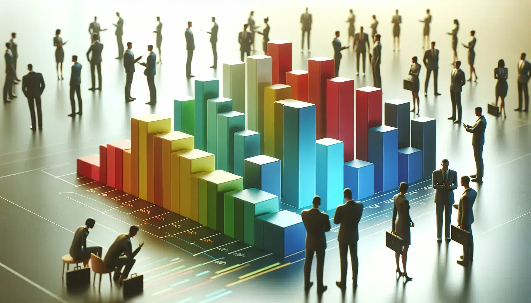 Gráfico de barras tridimensional en degradado de colores con personas en traje analizándolo en segundo plano, simbolizando análisis de datos y trabajo en equipo.