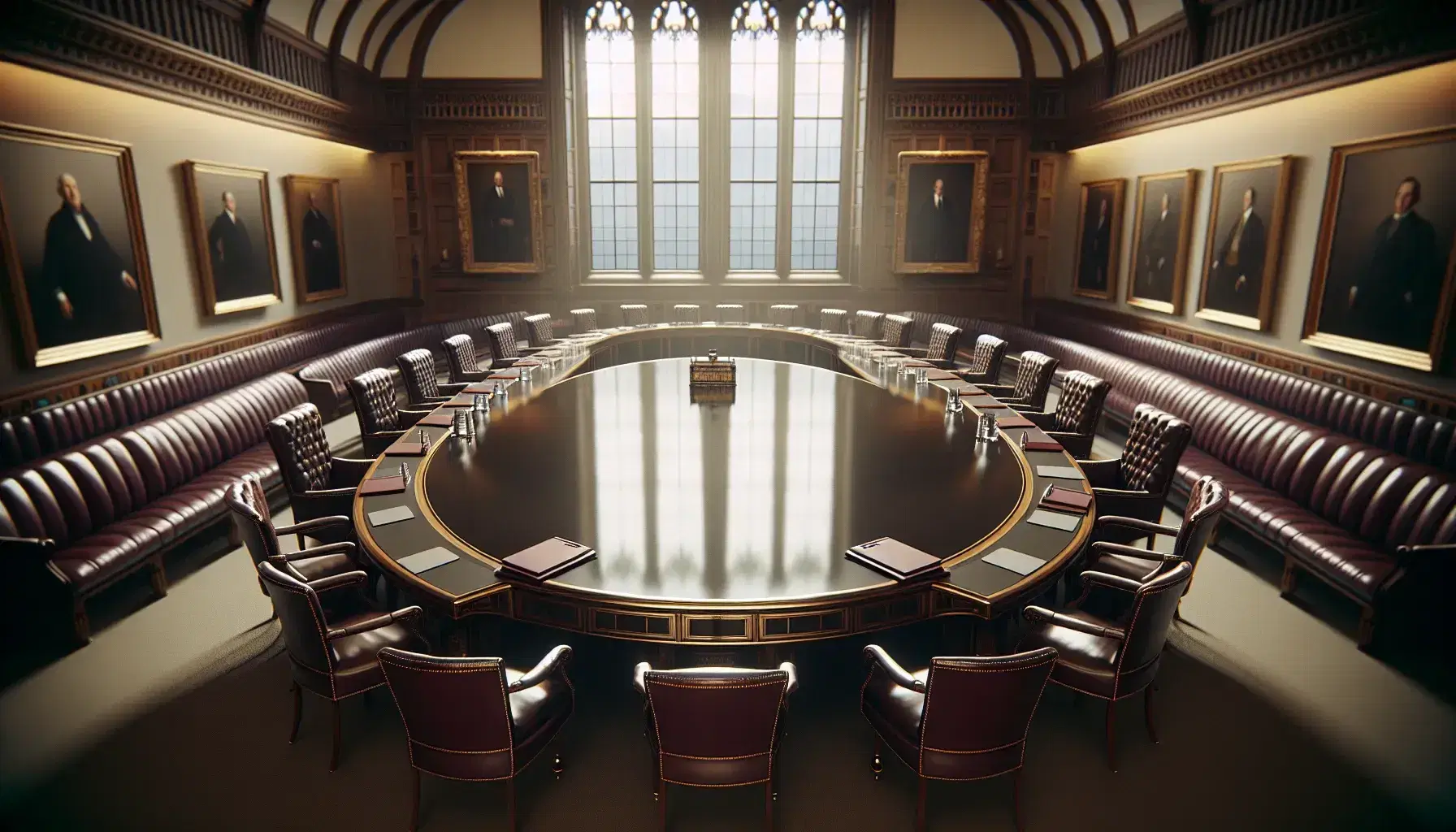 Elegant government meeting room with a large oval wooden table, burgundy leather chairs, and golden-framed portraits on cream walls.