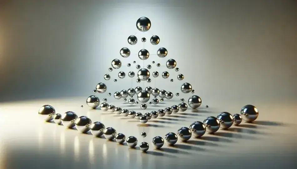 Esferas metálicas flotantes en patrón triangular con reflejos de luz, destacando una esfera central más grande, sobre fondo gris neutro.