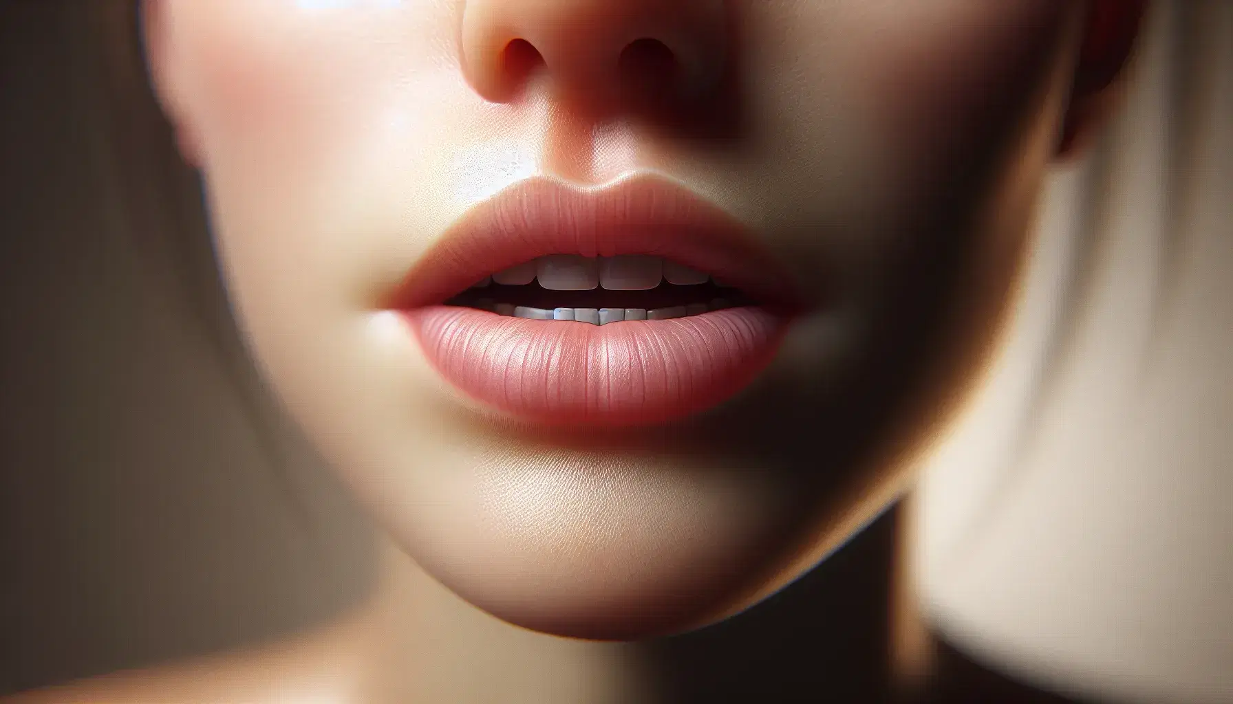 Close-up view of a person's mouth slightly open showing upper teeth and tongue, with a focus on the oral cavity and nasal area, in soft lighting.