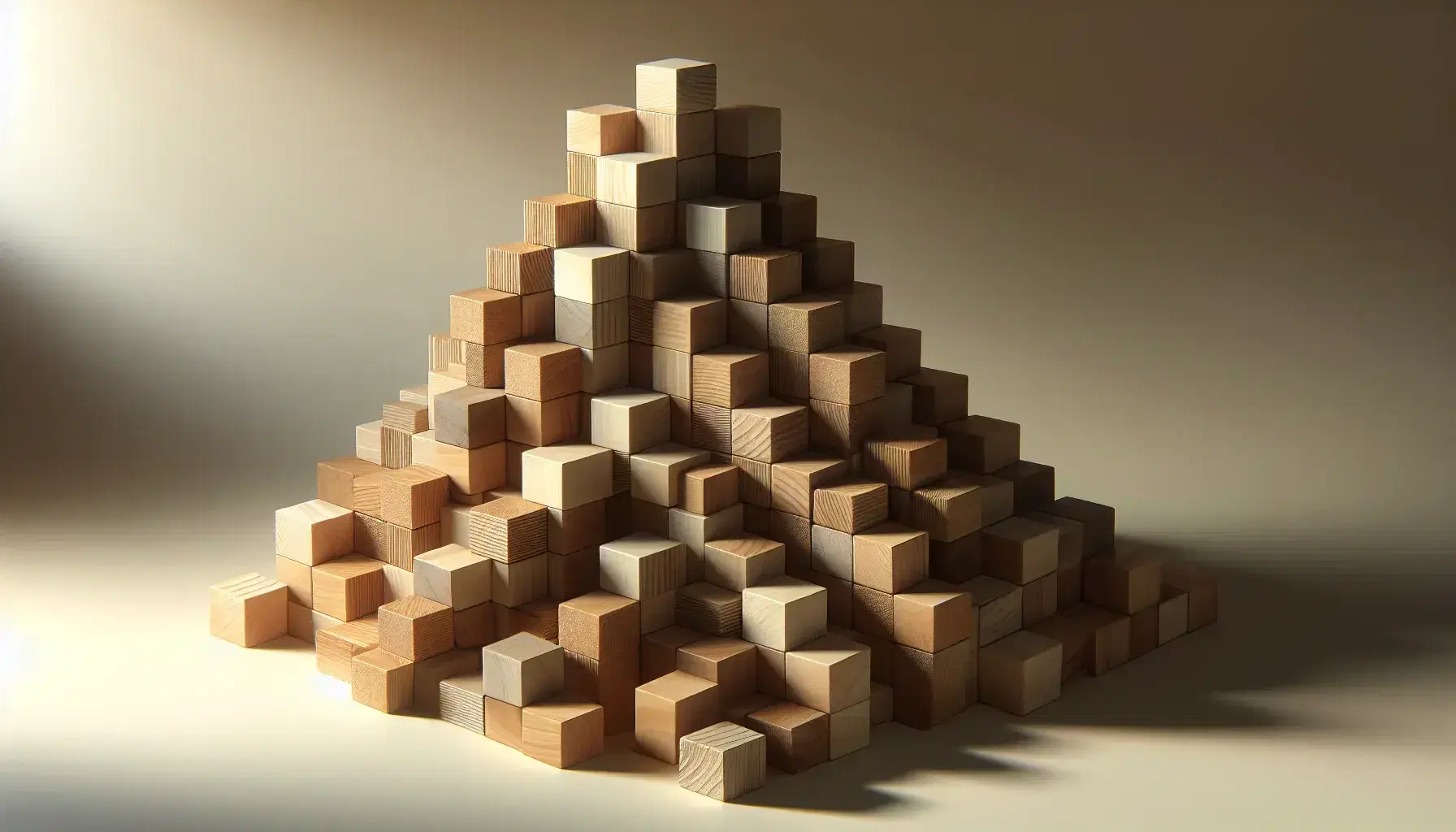 Estructura artística de bloques de madera apilados en tonos naturales, con juego de luces y sombras que resaltan su textura y equilibrio.