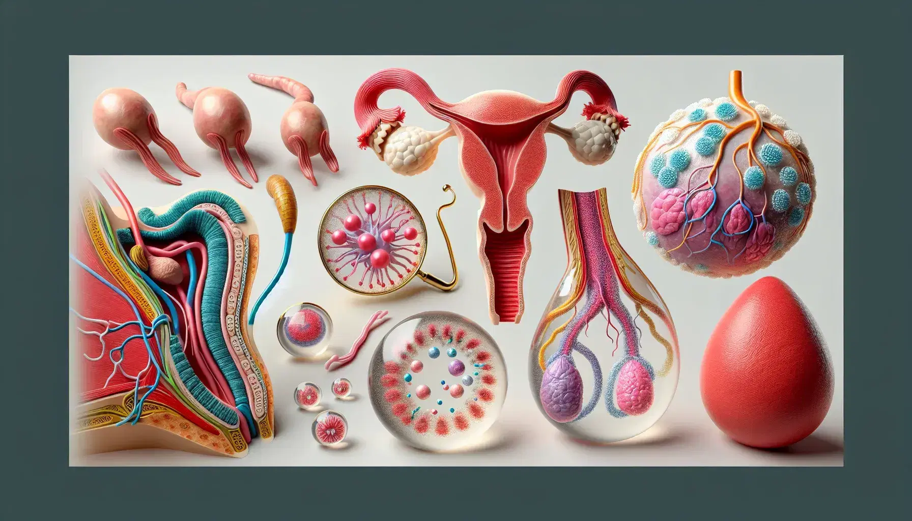Modelos anatómicos tridimensionales del sistema reproductivo humano, con órganos masculinos a la izquierda y femeninos a la derecha, y una gota de semen ampliada en el centro sobre fondo neutro.