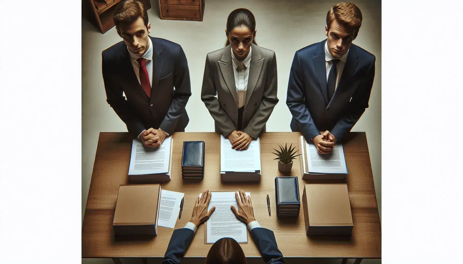 Tres profesionales en trajes formales revisan documentos apilados en una mesa de madera durante una reunión de trabajo.