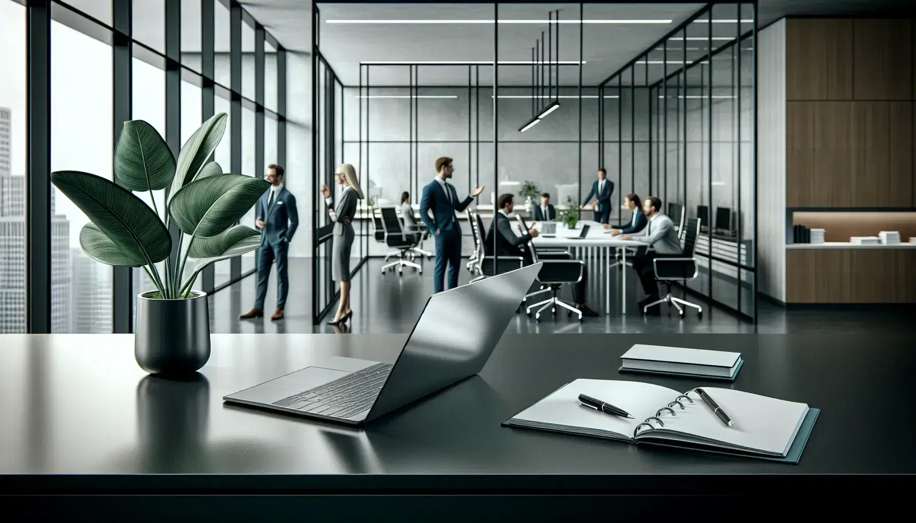 Modern corporate office with a black desk and closed laptop, a potted plant, professionals in a meeting behind a glass wall, and a well-lit workspace with white desks.