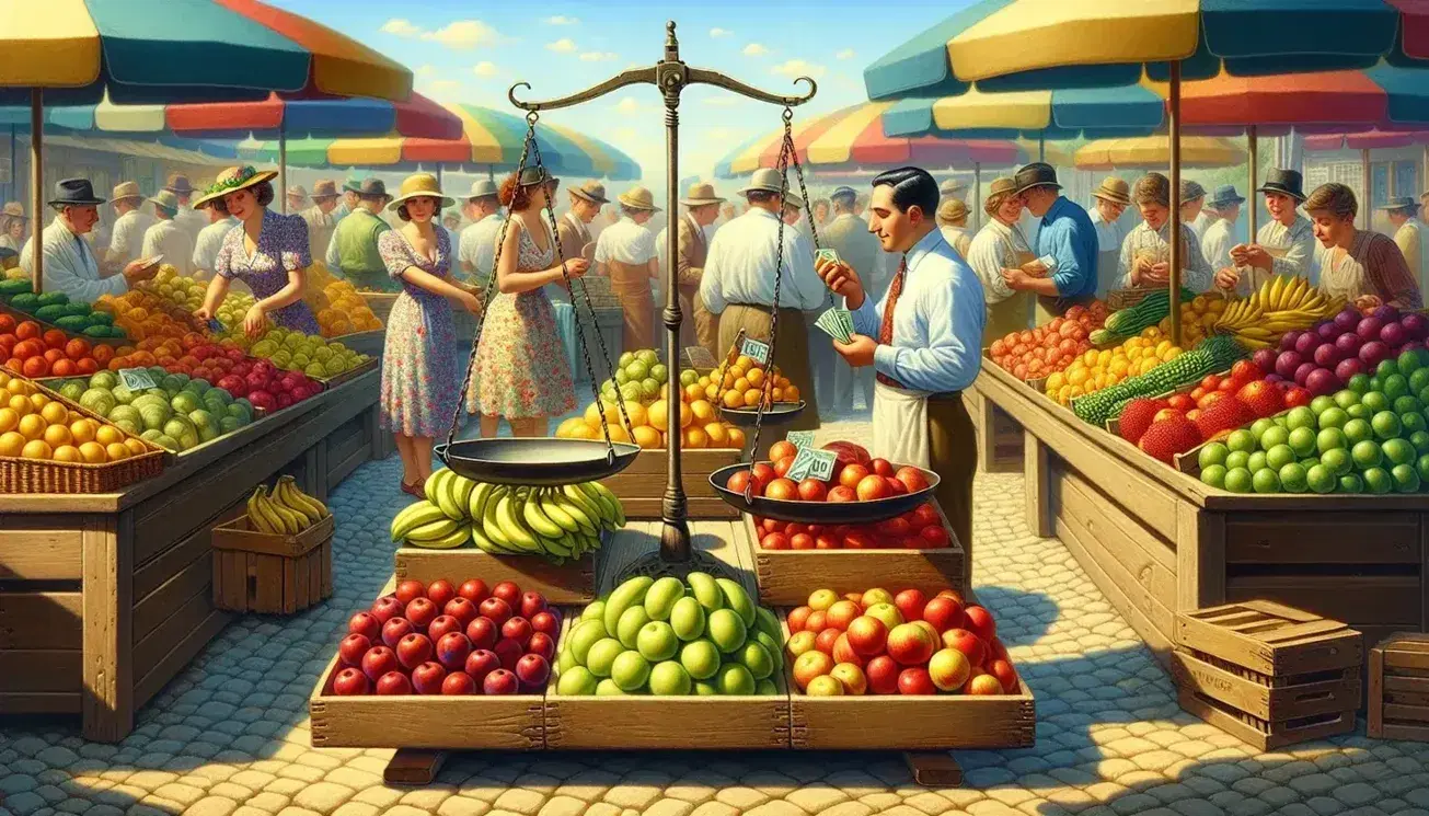 Mercato all'aperto con bilancia e frutta colorata, persone che comprano e venditori con grembiuli, sotto ombrelloni vivaci in una giornata soleggiata.