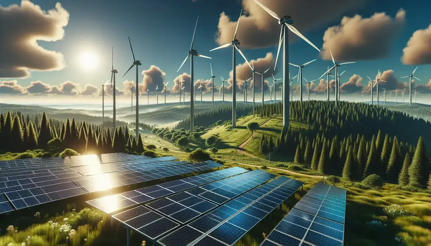 Paneles solares y aerogeneradores en un campo verde frente a un bosque diverso bajo un cielo azul claro, simbolizando la energía renovable y la sostenibilidad.