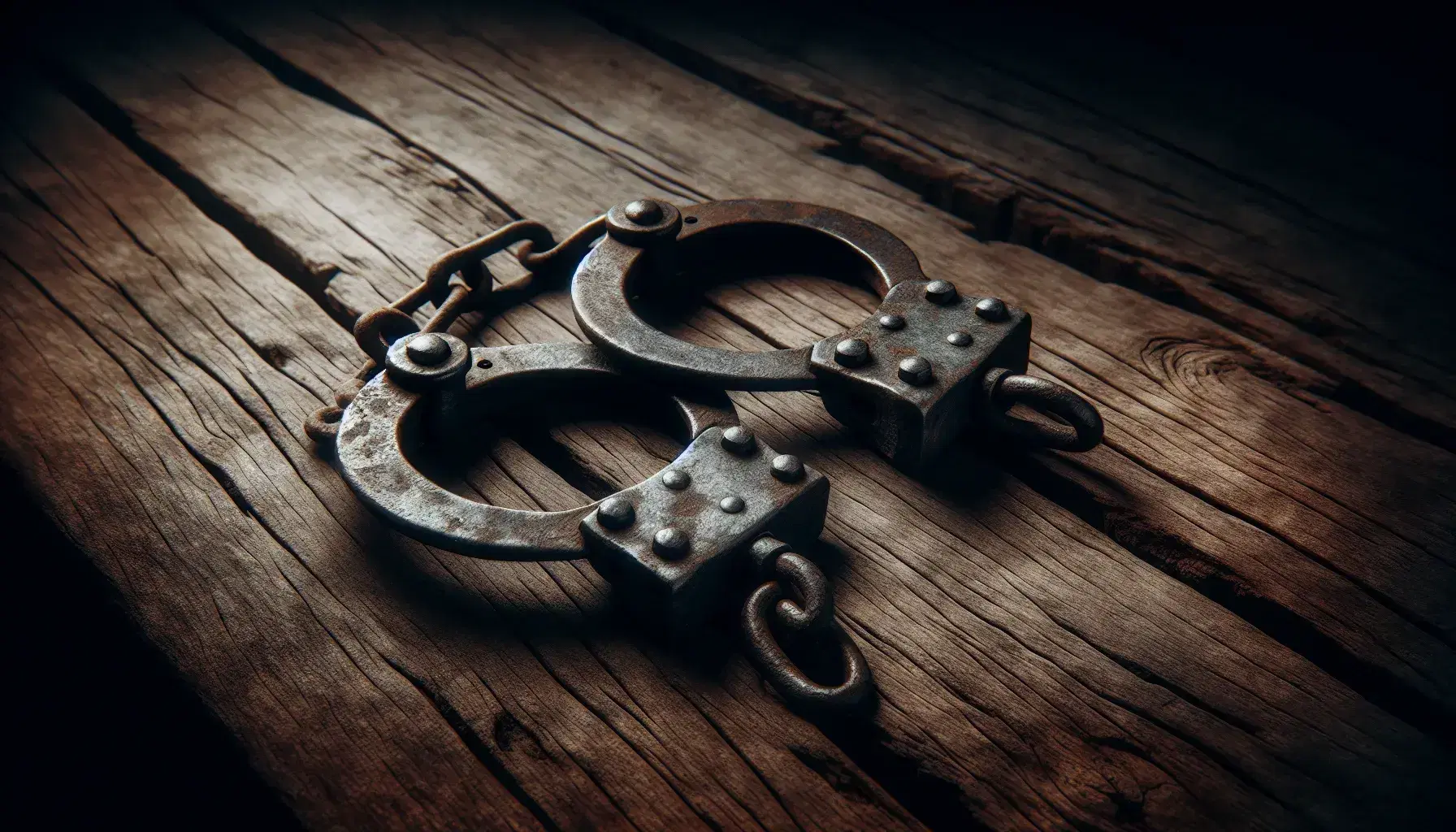 Rusty iron shackles with broken chain on aged wooden background, evoking historical restraint and age-worn captivity.
