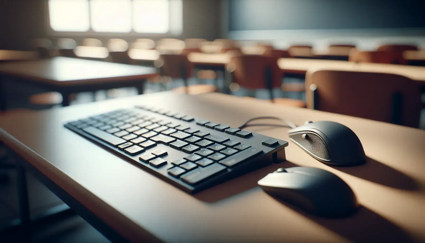Black keyboard without letters and mouse on desk with blurred background of empty classroom, soft colors and calm atmosphere, ready for use.