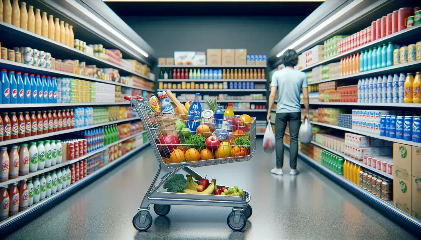 Carrito de compras lleno de frutas coloridas y productos empaquetados en un supermercado, con una persona de espaldas revisando artículos en el fondo.