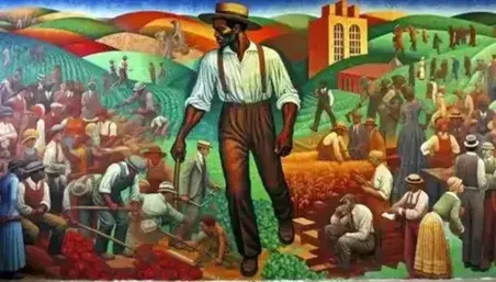 Mural colorido con figura central de hombre de piel oscura y vestimenta del siglo XX, rodeado de personajes con herramientas y en actitud de lucha, sobre fondo de paisaje rural.