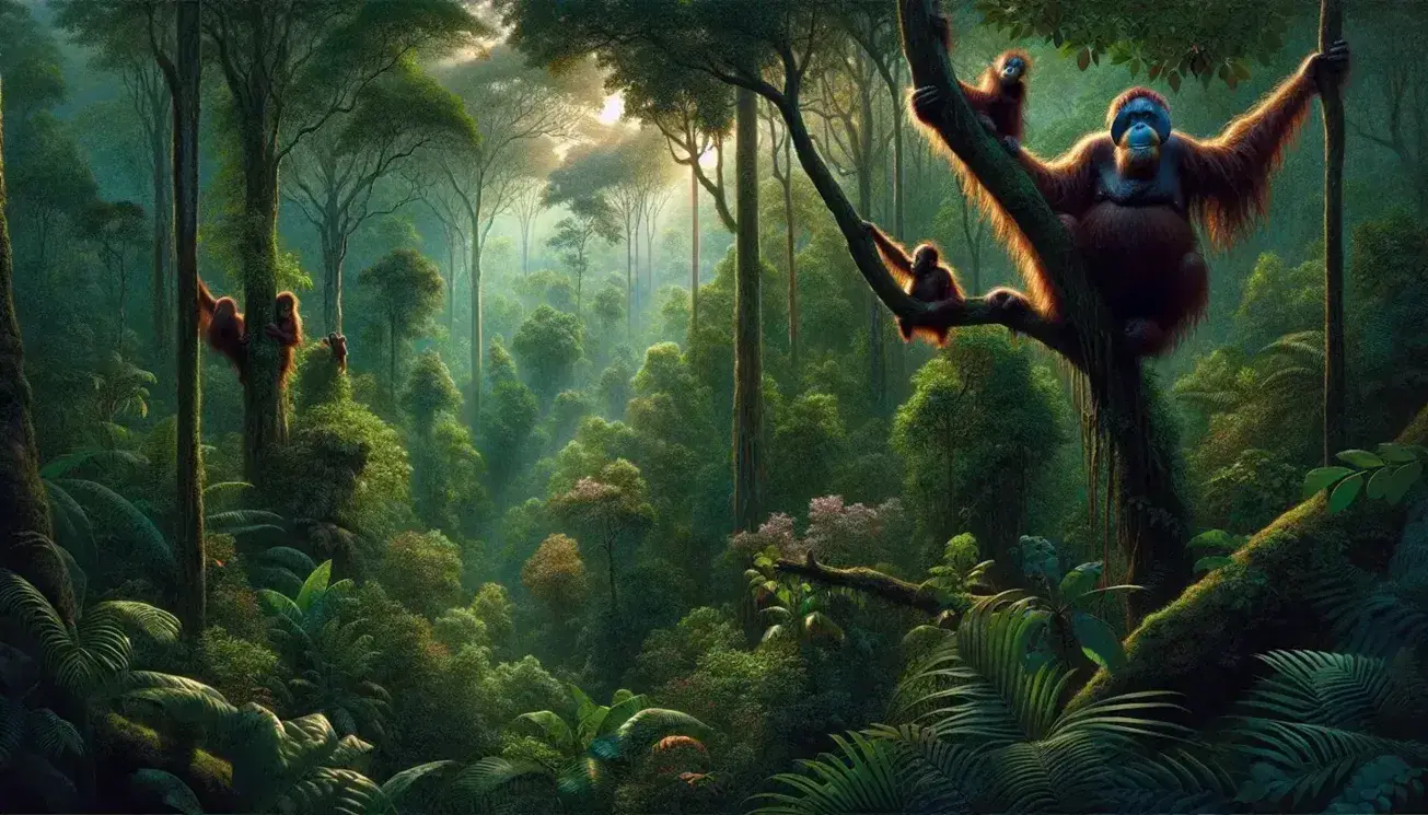 Lush rainforest canopy with an adult and two juvenile orangutans among the branches, and a vibrant blue-green macaw in flight against a clear sky.