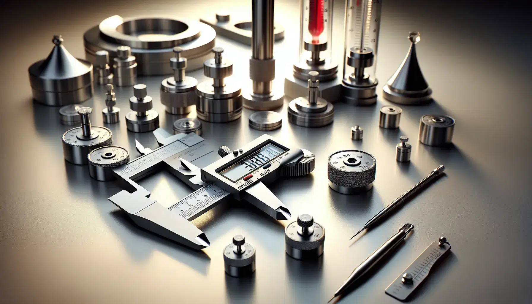 Instrumentos de medición de precisión con calibre vernier de acero, micrómetro y pesos calibrados en superficie lisa, junto a termómetro de vidrio con líquido rojo.
