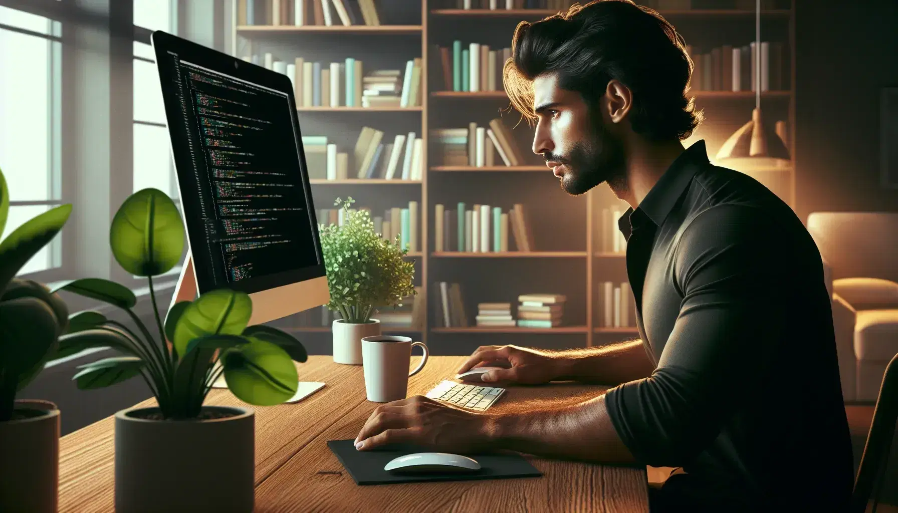Concentrated middle eastern man programming on computer, with cup of coffee and green plant on desk, blurred background with bookcase.