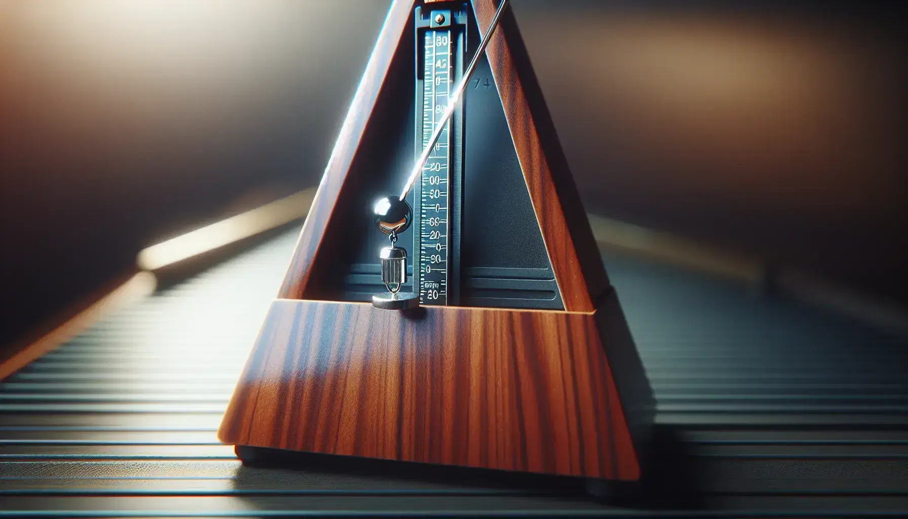 Close-up view of a swinging pendulum on a glossy mahogany metronome, set against a soft-focus background, highlighting its classic design.