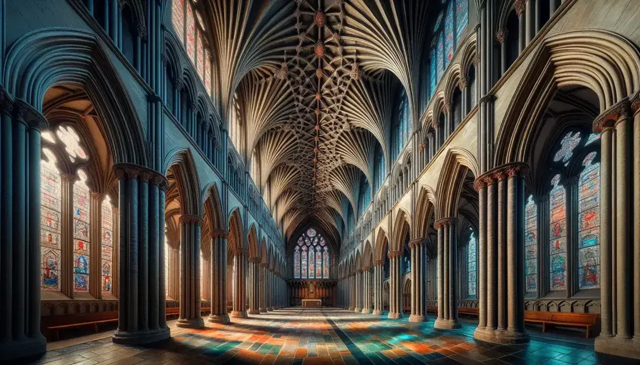Interior gótico de catedral con arcos apuntados, bóvedas de crucería, luz natural filtrándose por vitrales coloridos y suelo de piedra.