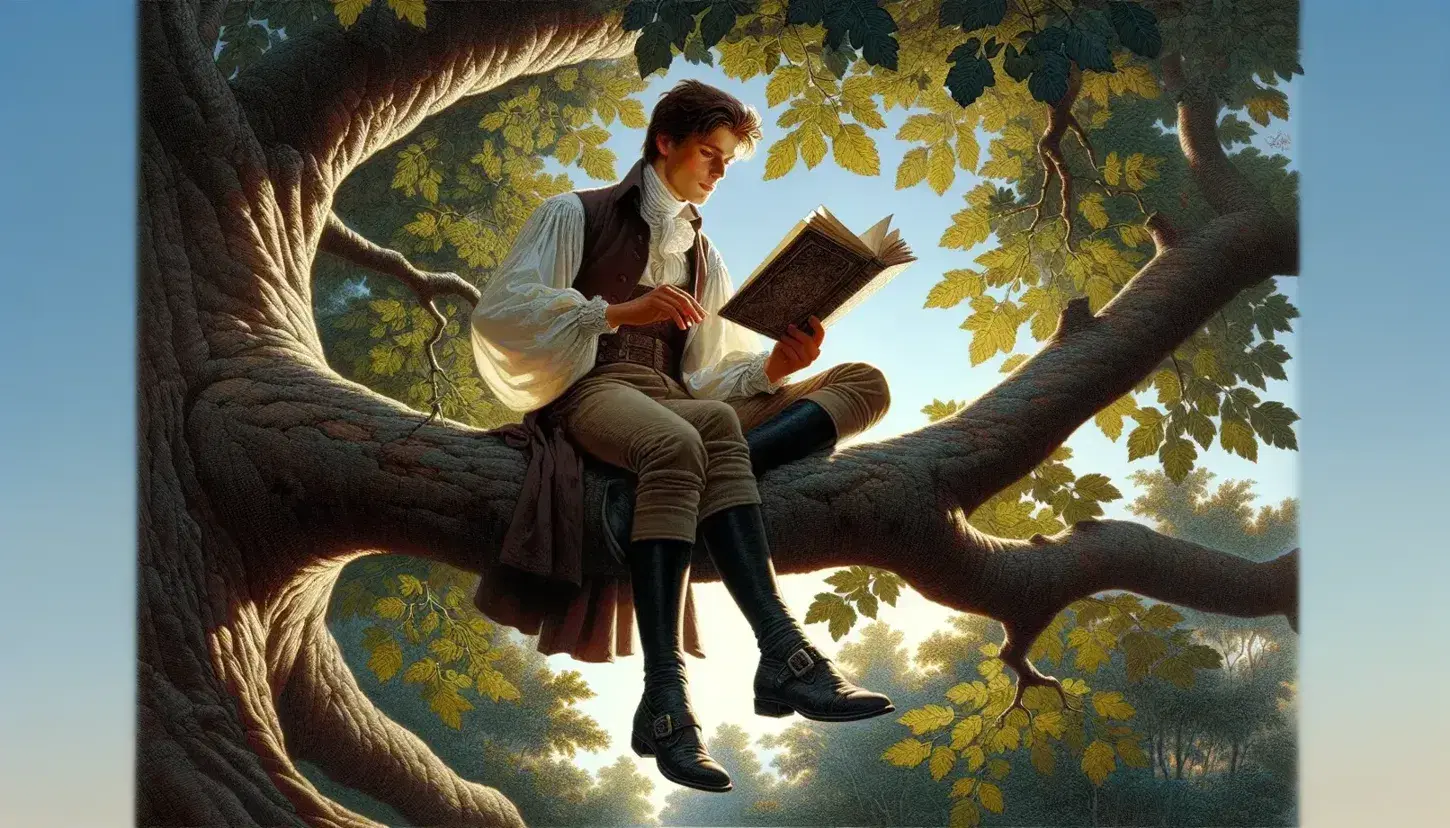 Giovane uomo in abiti storici legge un libro su un ramo di albero, circondato da foglie verdi in una giornata soleggiata.