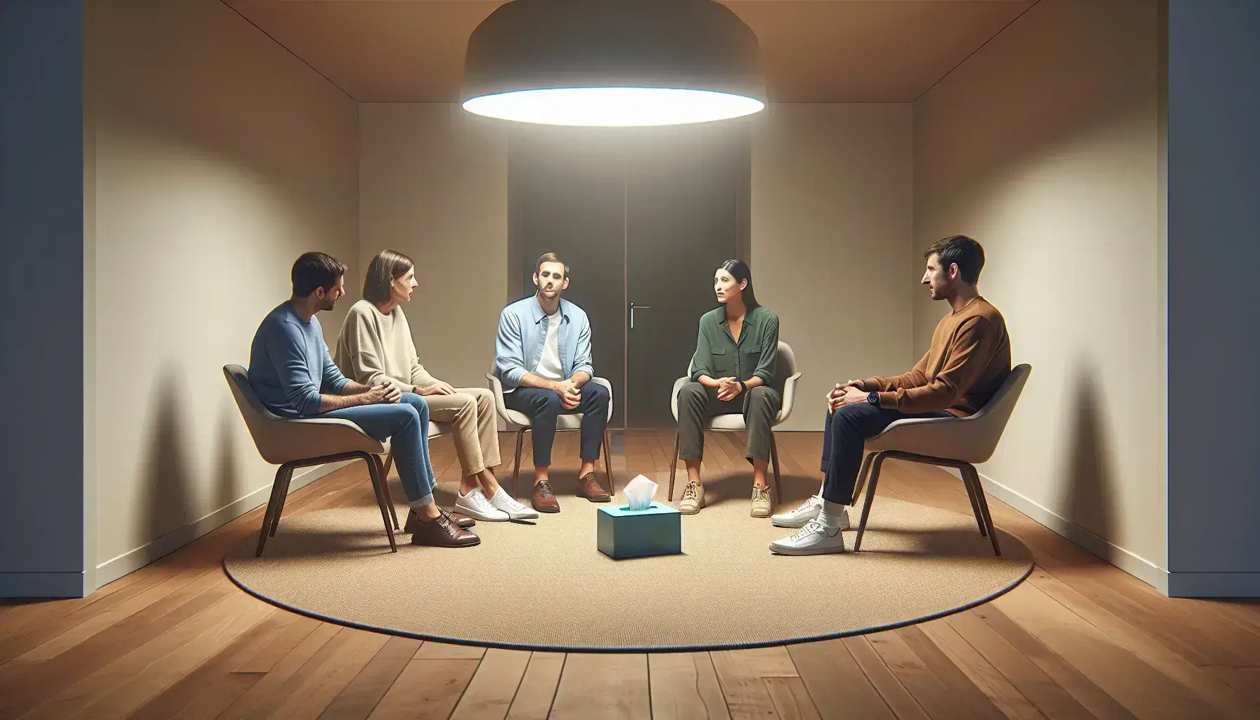 Cuatro personas sentadas en círculo en una sala interior con una caja de pañuelos en el centro, sugiriendo una sesión de terapia o diálogo.