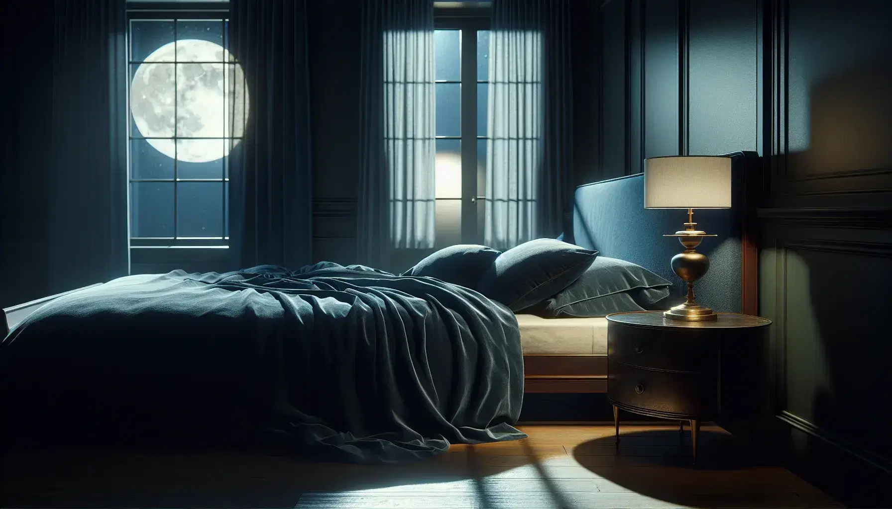 Serene nocturnal bedroom with large bed and dark blue duvet, antique brass lamp and moonlight streaming through a half-open window.