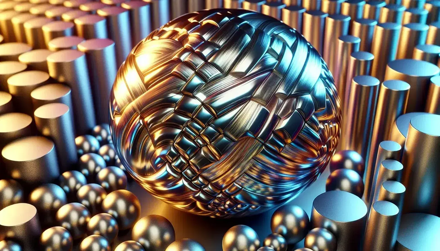 Close up of shiny metal surface with colorful reflections, different alloy objects such as cylinder, mirror sphere and matte cube on blurred background.