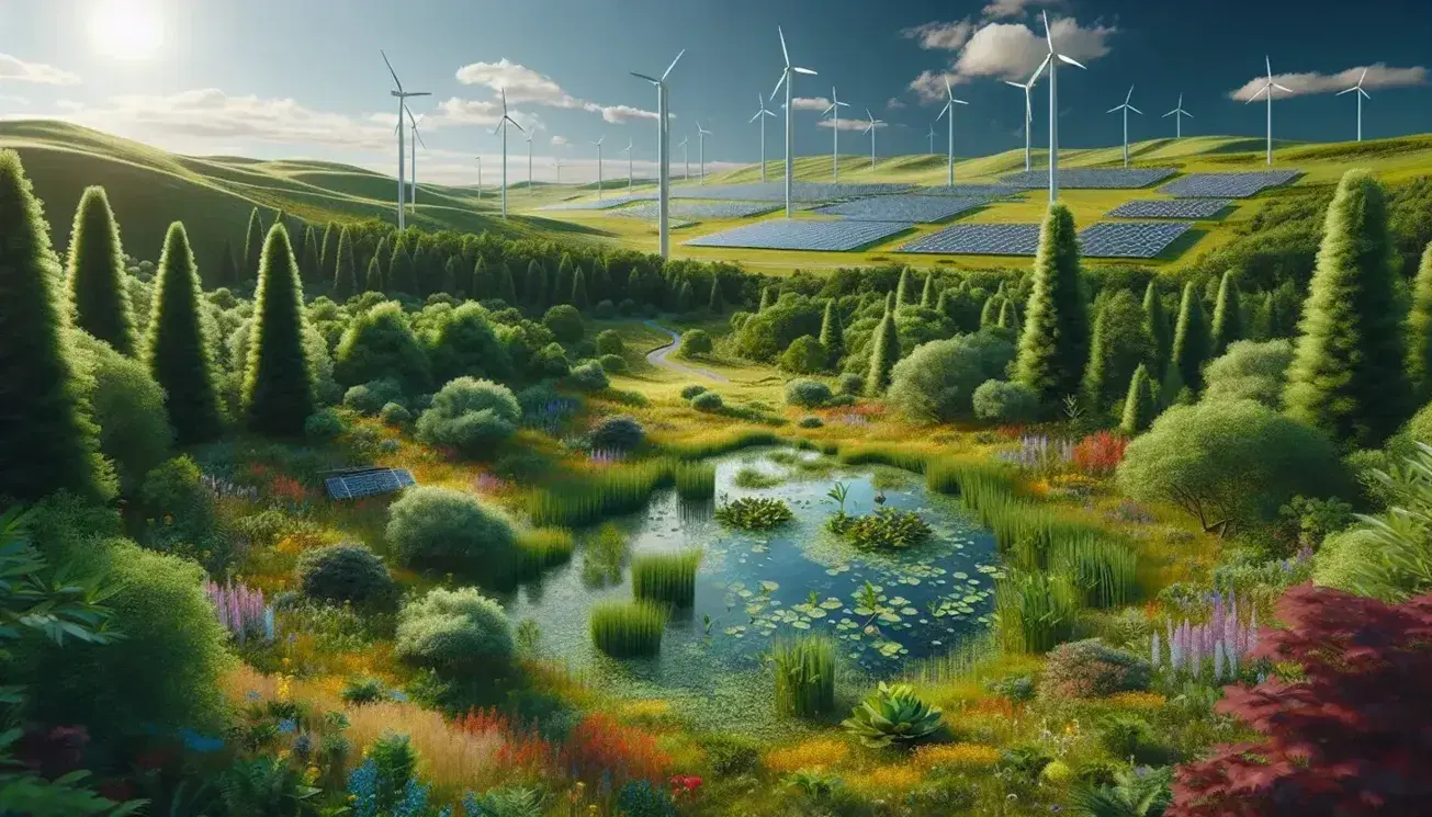 Paisaje natural con árboles frondosos, flores silvestres multicolores, un estanque reflejando el cielo azul, una turbina eólica y paneles solares entre colinas verdes.