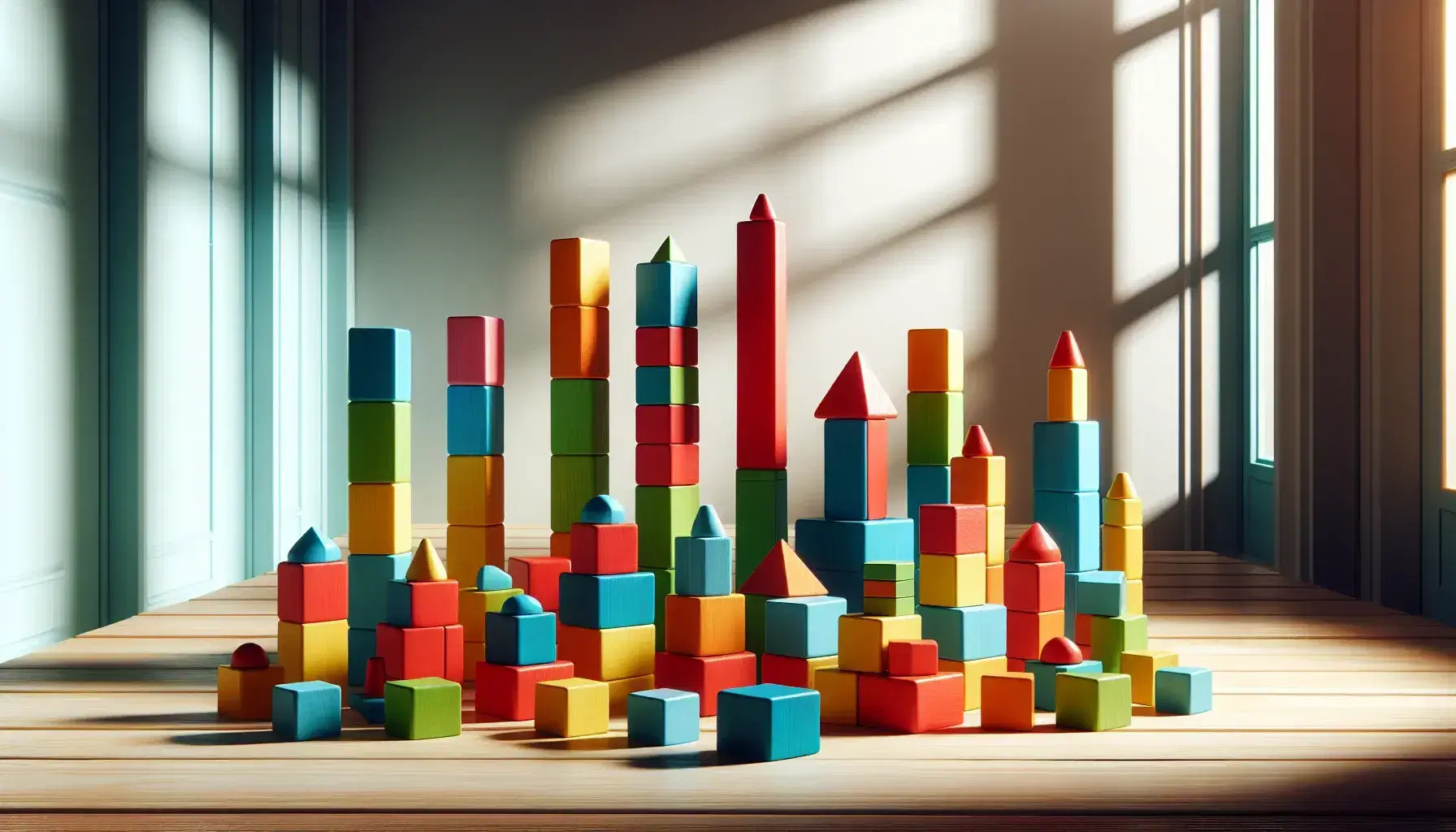 Blocchi di legno colorati in forme geometriche disposti su tavolo chiaro, con torre, gradiente di altezza e piramide, in ambiente luminoso.