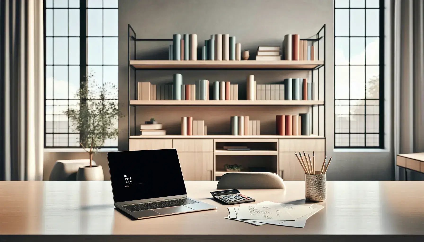 Oficina moderna iluminada con luz natural, mesa de madera con laptop, calculadora y papeles, estantería con libros y planta interior.