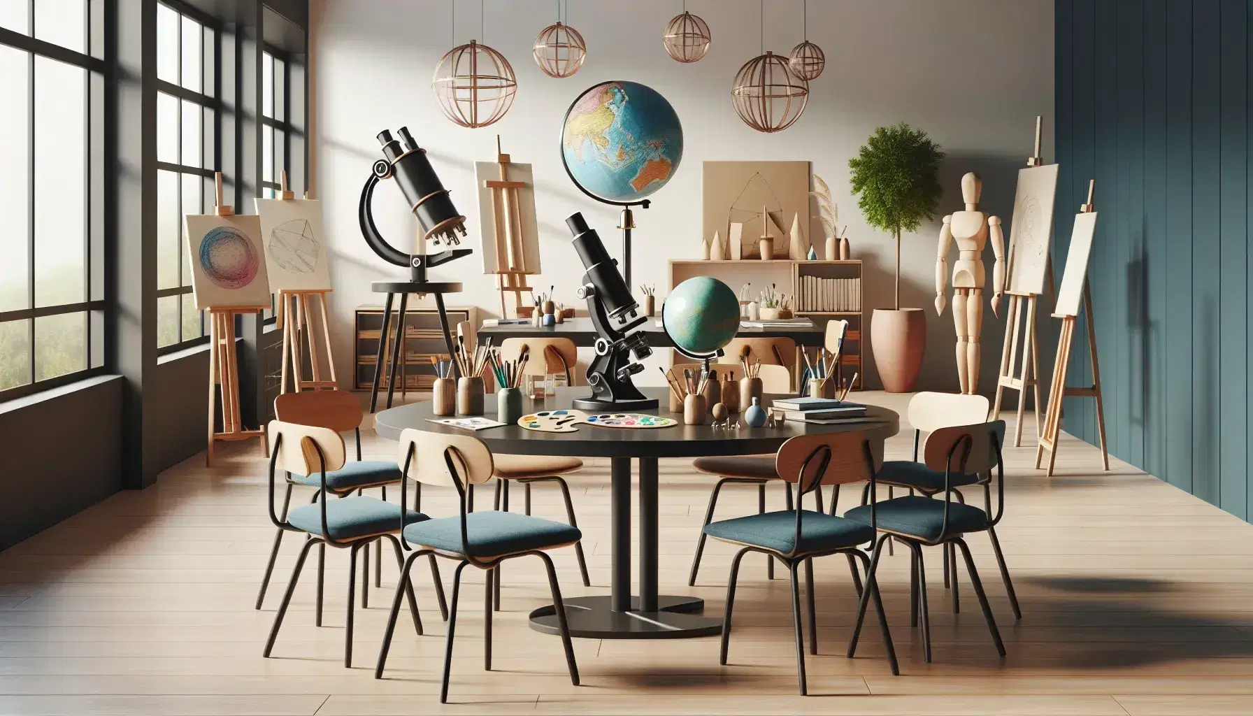 Aula luminosa con tavolo rotondo, sedie ergonomiche, globi, solidi geometrici, tavolozza, modello di mano e telescopio vicino alla finestra.