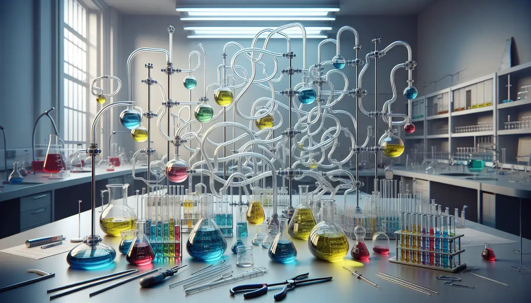 Laboratorio chimico con tubi di vetro trasparenti e liquidi colorati, becher, pipette e attrezzature ordinate su un tavolo sotto luce naturale.