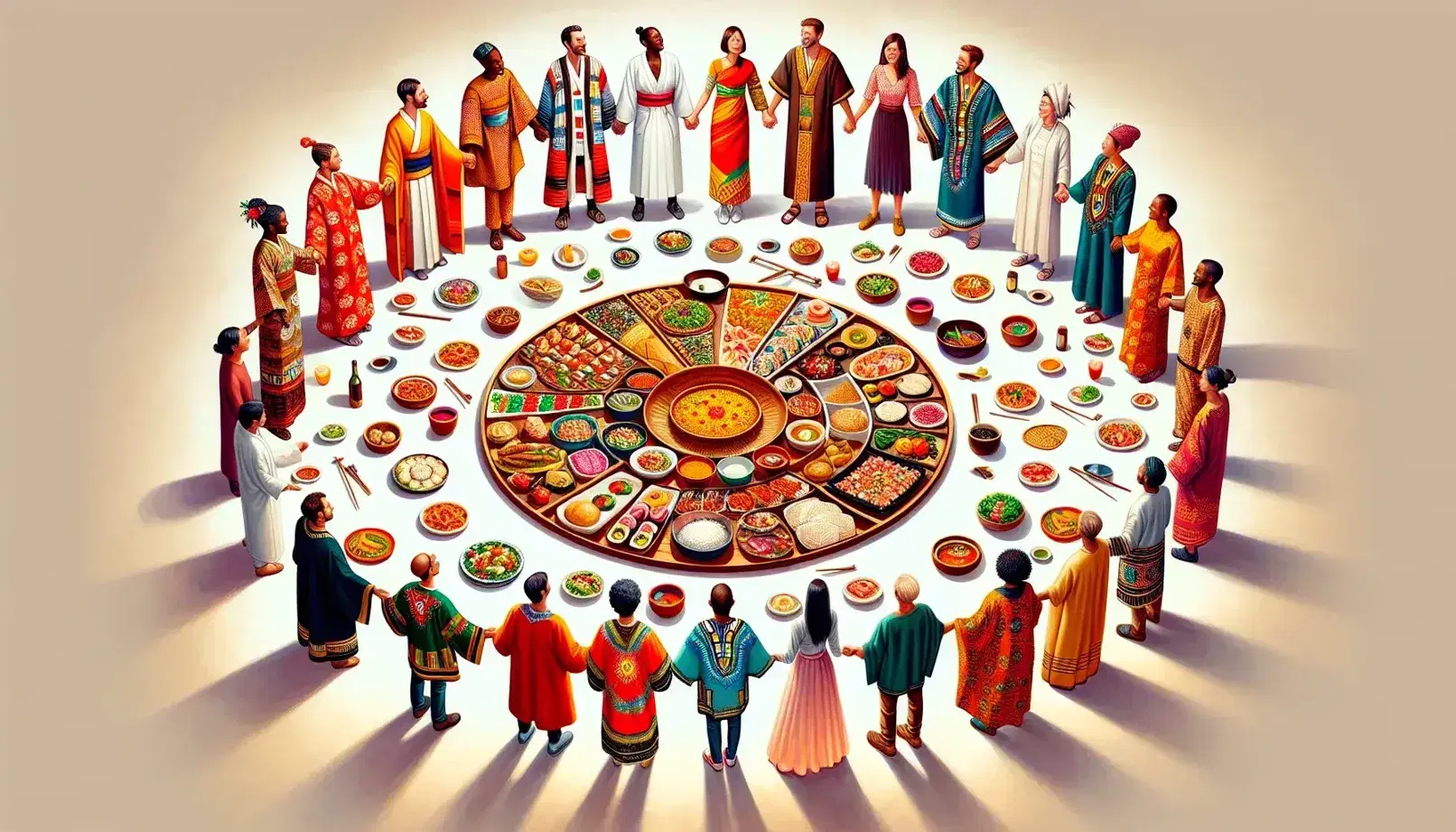 Grupo multicultural en círculo compartiendo platos internacionales, con trajes típicos como kimono japonés, dashiki africano y sari indio, alrededor de mesa con comida variada.