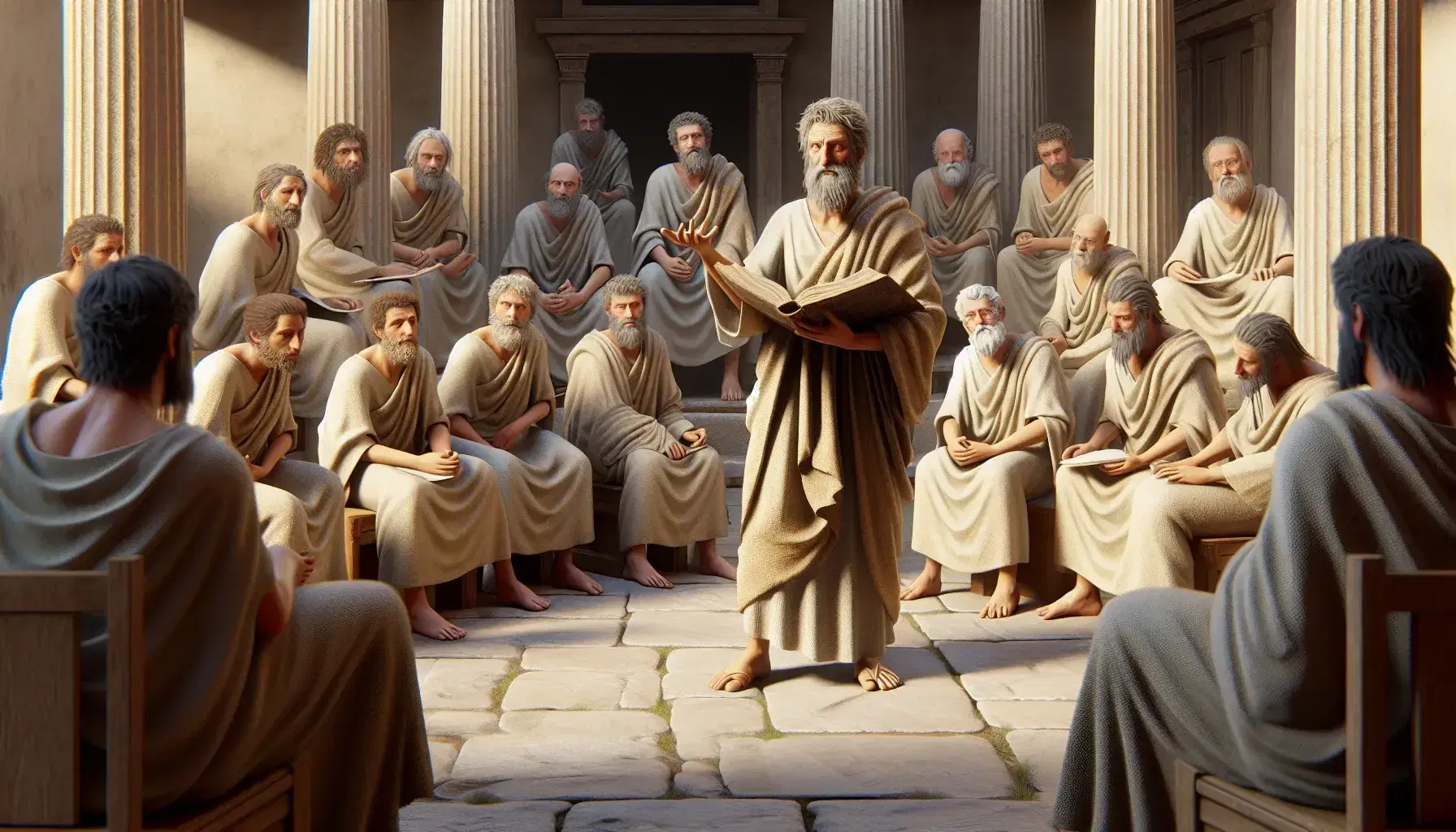 Scena di lezione di filosofia nell'antica Grecia con filosofo barbuto che insegna a discepoli attenti in un'aula con colonne di pietra.