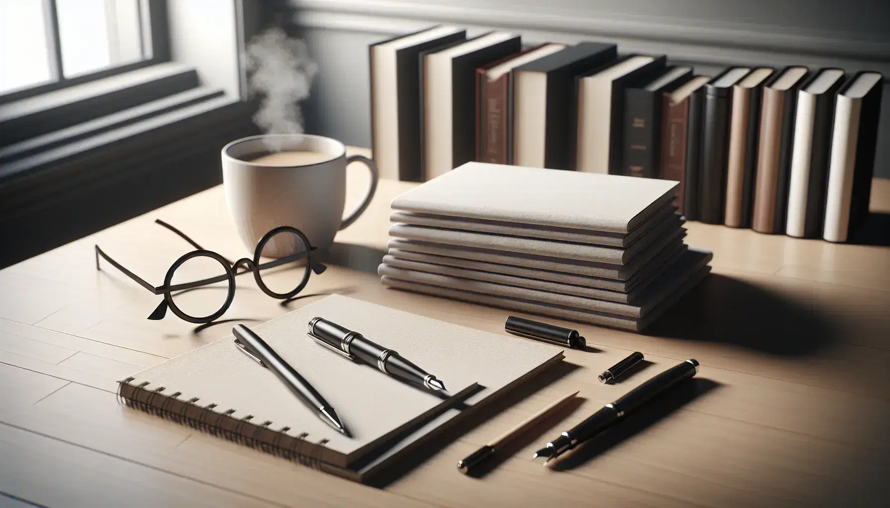 Escritorio de madera claro con papeles, pluma fuente negra, gafas, taza de café humeante y cuaderno cerrado, con estantería desenfocada al fondo.