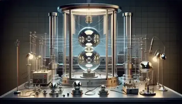 Physics laboratory with vacuum chamber and metal spheres for electrical experiments, optical bench with lenses and mirrors, prism that disperses white light.