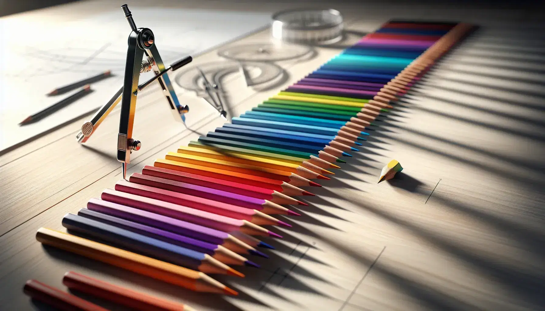 Matite colorate in ordine cromatico su tavolo di legno con compasso e sfondo di foglio con linee curve, illuminazione morbida.