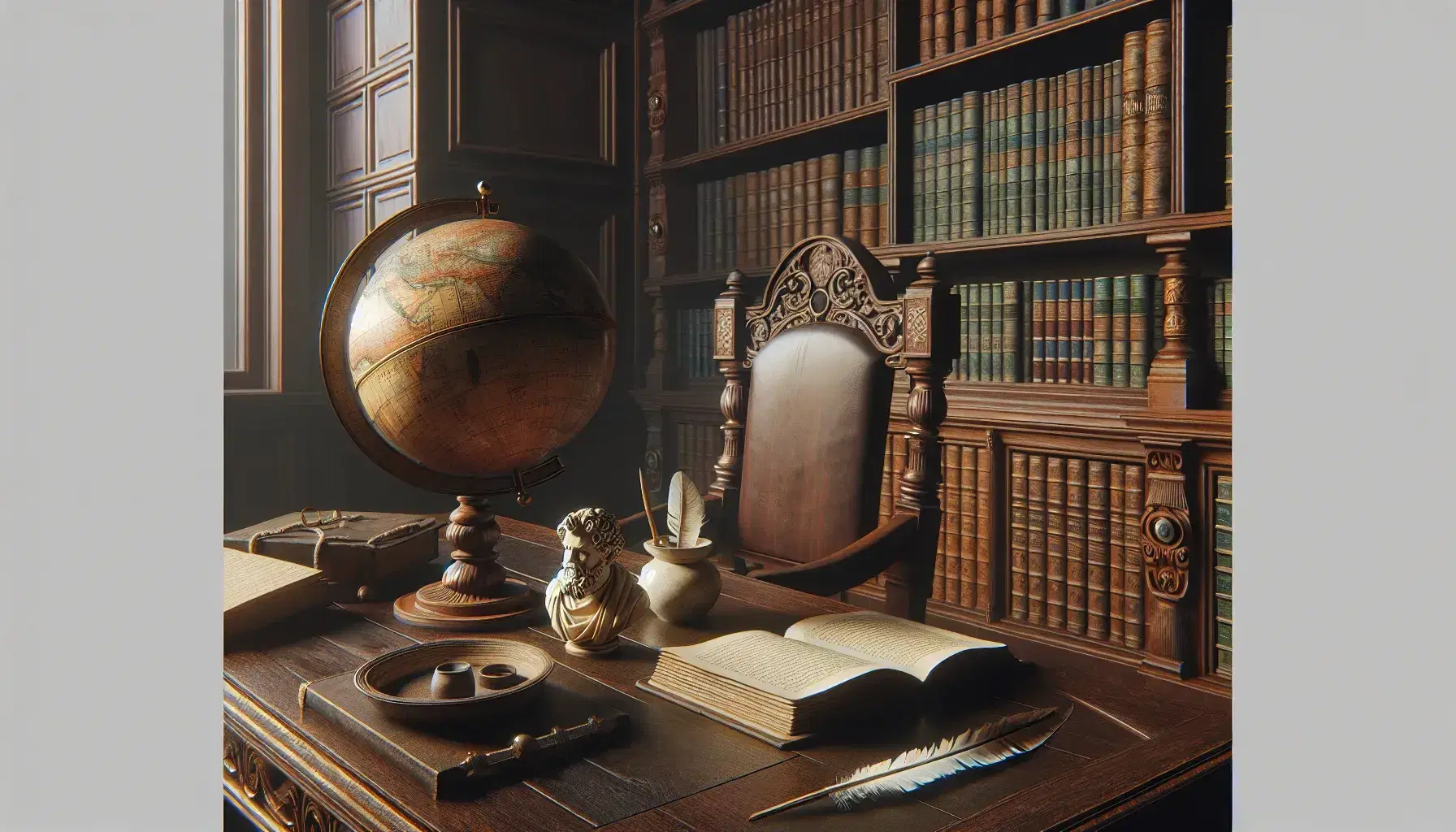 Estudio renacentista con mesa de madera, globo terráqueo antiguo, pluma sobre tintero, libro abierto, silla tallada, estantería con libros y busto de mármol.