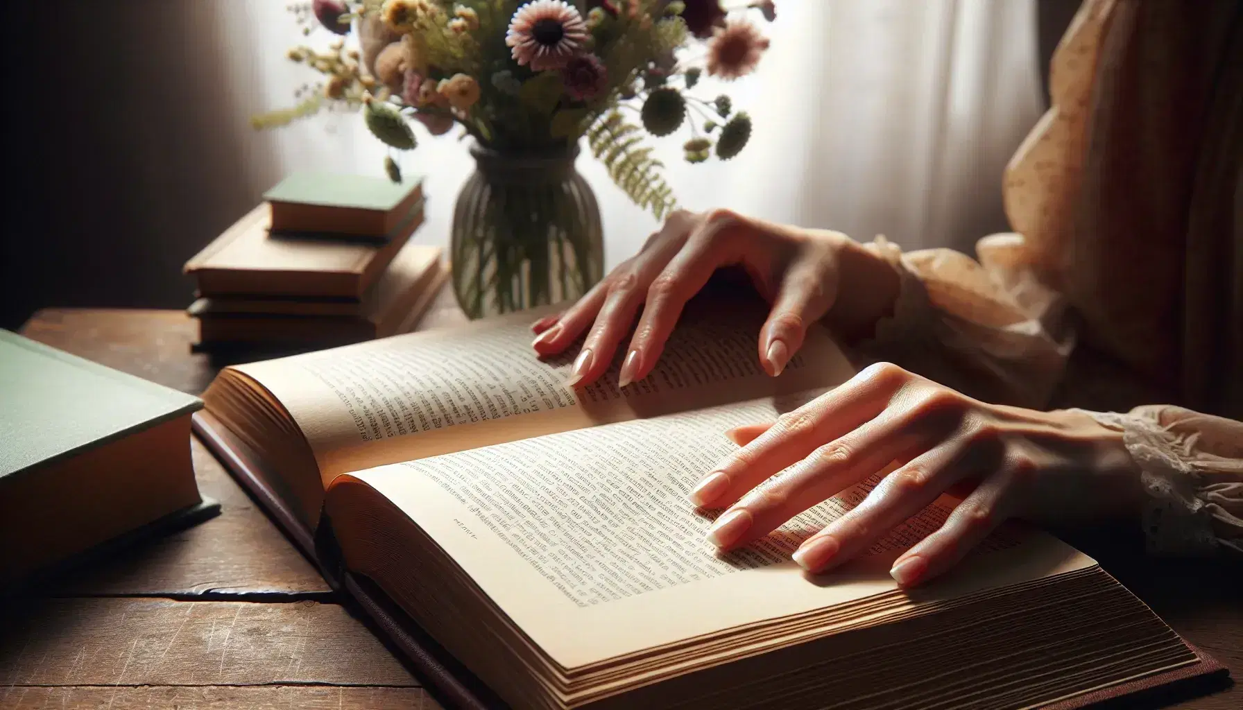 Close-up view of hands turning a page in a well-bound book on a wooden table, with a softly focused vase of colorful flowers in the background.
