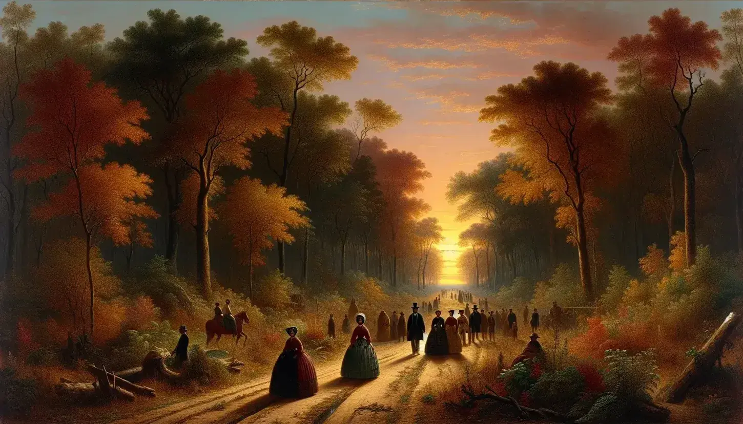 Paisaje otoñal al atardecer con camino forestal, árboles de hojas rojizas y figuras en vestimentas del siglo XIX bajo un cielo de tonos cálidos.