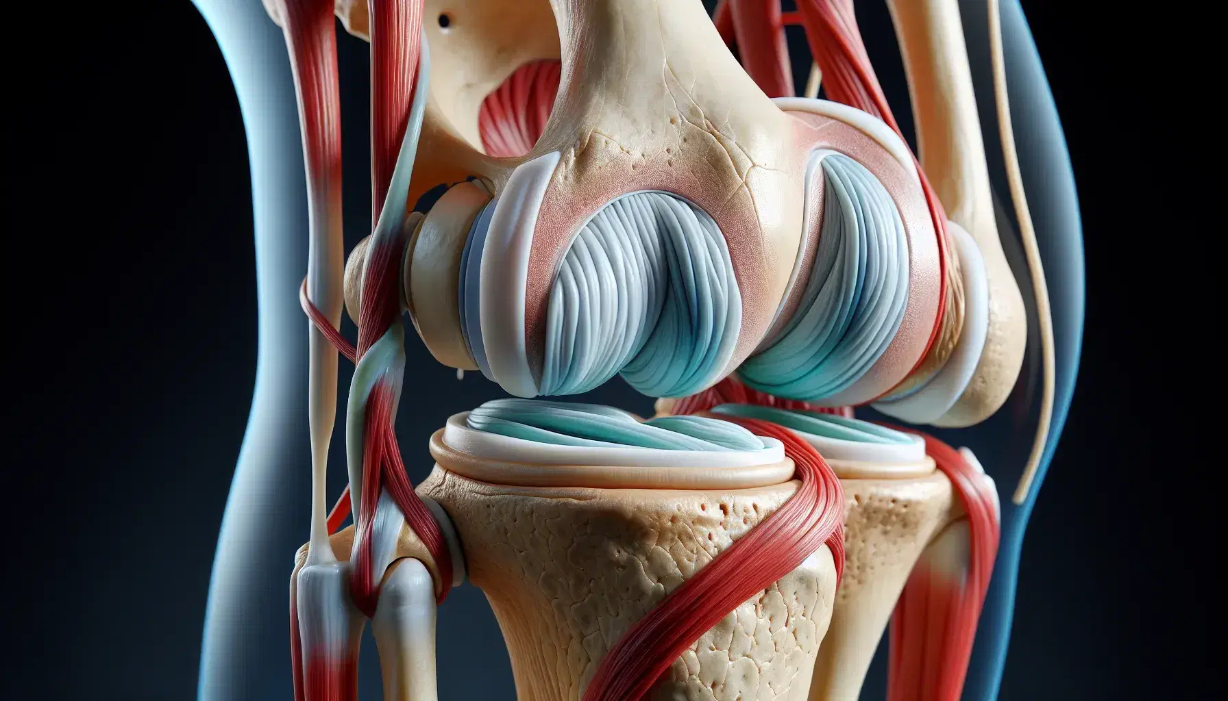 Modelo anatómico detallado de la articulación de la rodilla humana mostrando huesos, cartílagos meniscales, ligamentos y tendones.