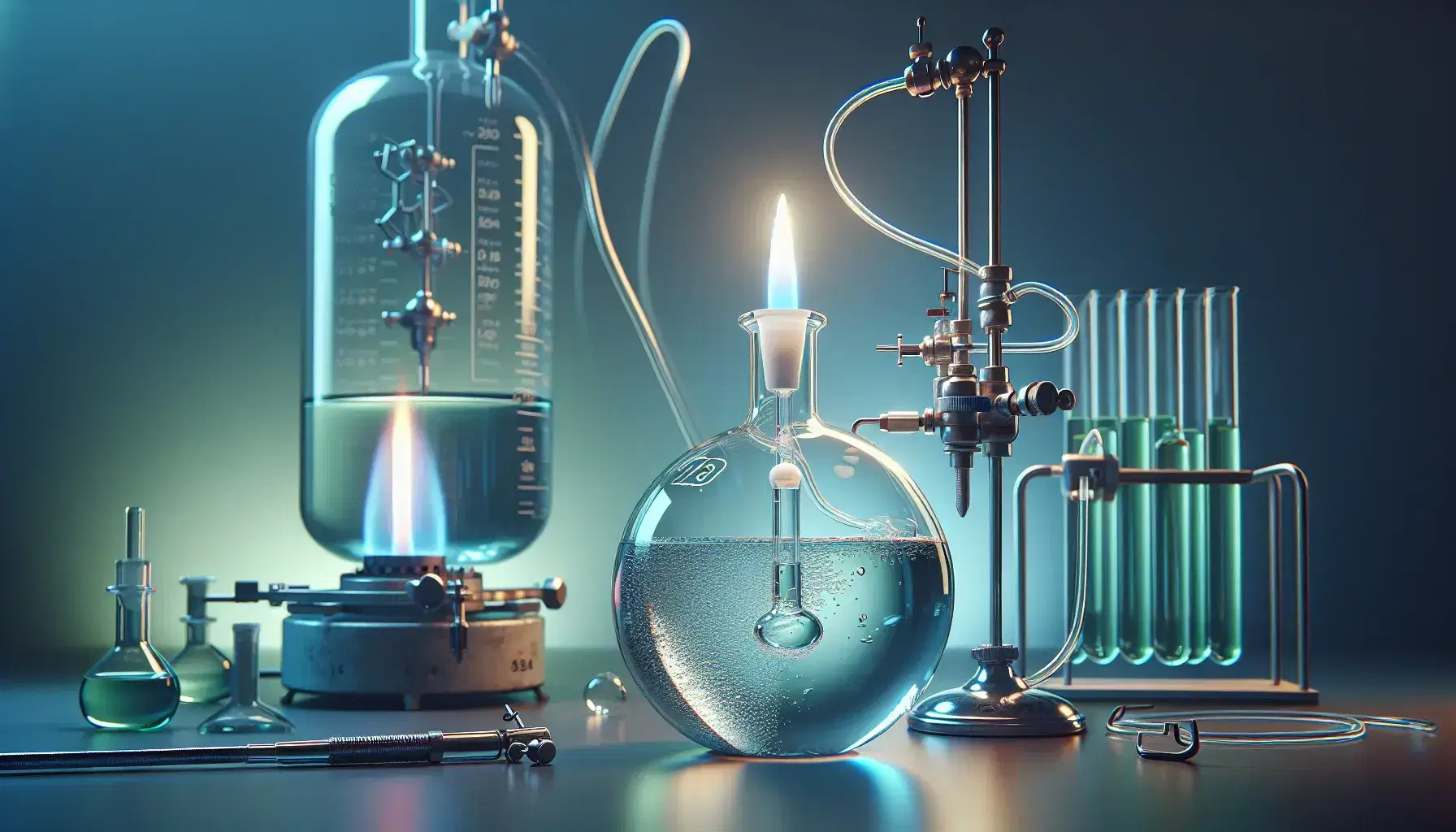 Classic laboratory with round bottom flask and colorless liquid heated by Bunsen burner, cylinder with gas and beaker with green solution.