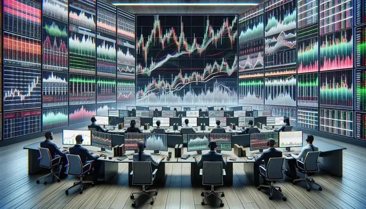Traders at desks with multiple monitors showing colorful charts in a bright, busy financial trading floor environment, reflecting focus and determination.