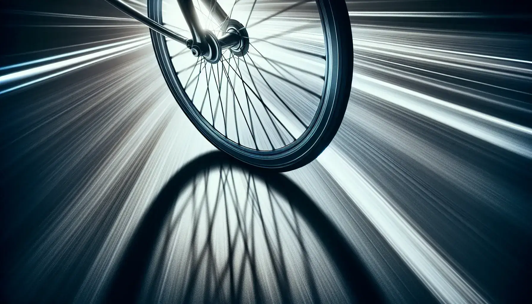 Rueda de bicicleta en movimiento con radios metálicos y reflejo de luz, neumático negro con línea reflectante y fondo borroso que sugiere velocidad.
