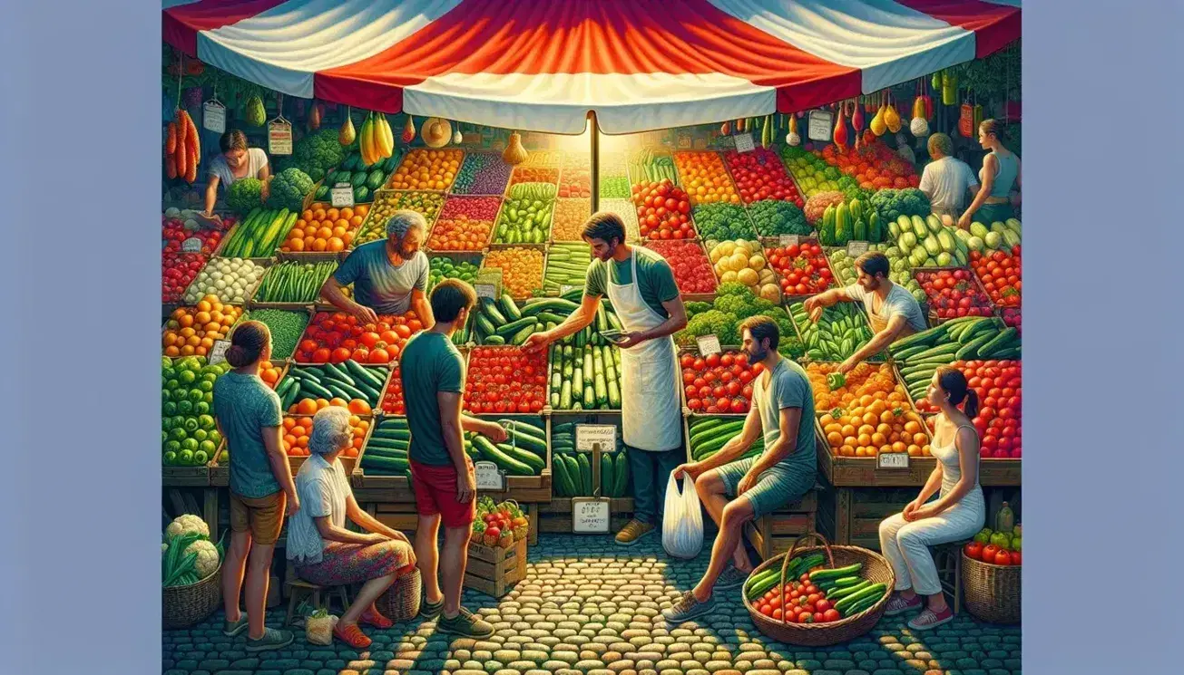 Mercato all'aperto con banco frutta e verdura colorato, ombrellone a righe, venditore e clienti impegnati nell'acquisto.