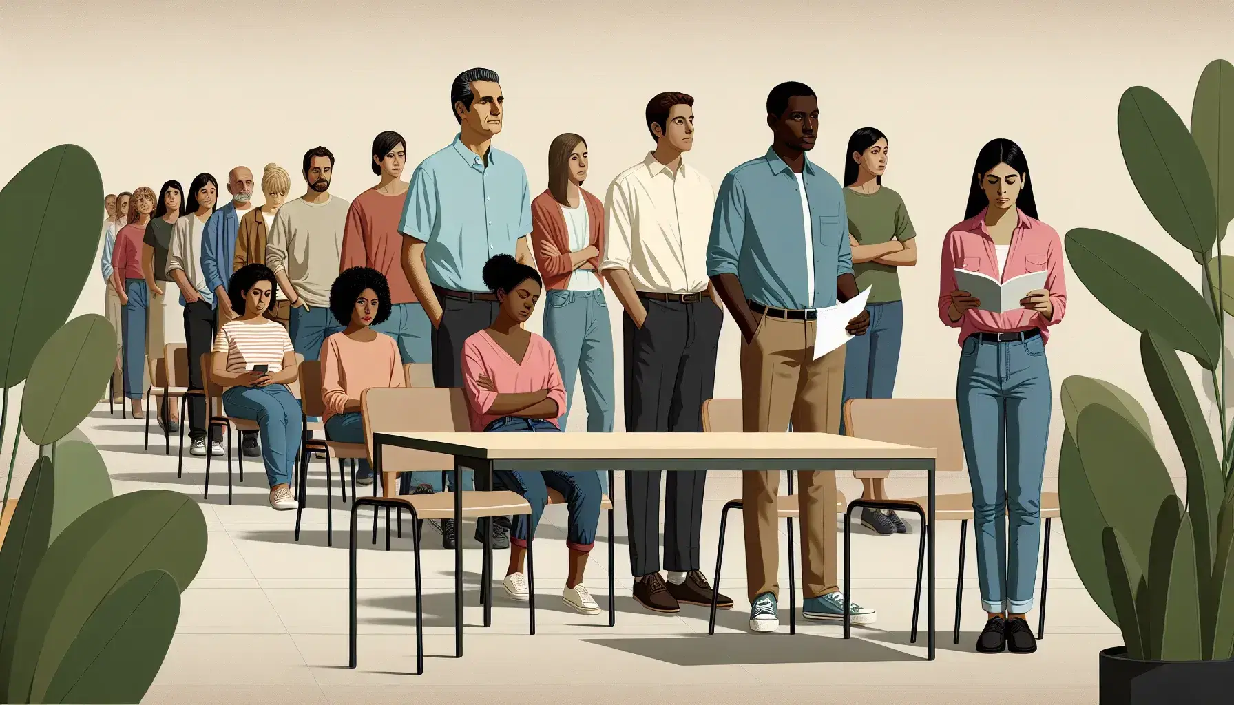 Grupo diverso de personas en fila ordenada en un interior iluminado, con un hombre hispano al frente y una mujer leyendo un libro detrás, junto a una mesa con folletos y una planta.