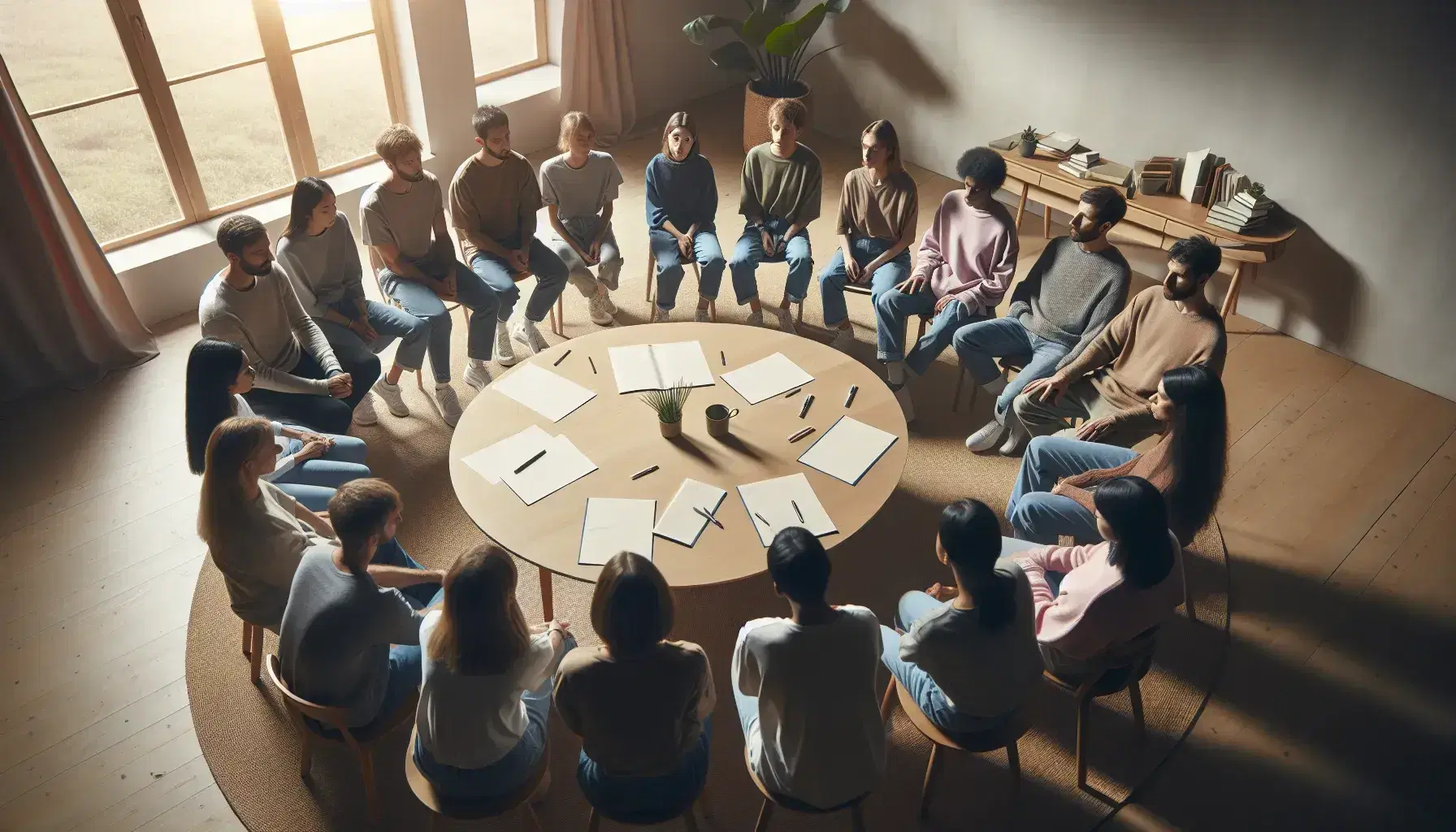 Grupo diverso de personas sentadas en círculo alrededor de una mesa redonda con papeles y bolígrafos, en una sala iluminada con planta y ventana.