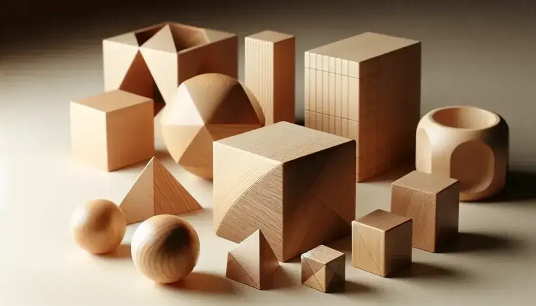 Conjunto de figuras geométricas de madera en tres dimensiones sobre superficie clara, incluyendo un cubo, esfera, prismas y poliedros.