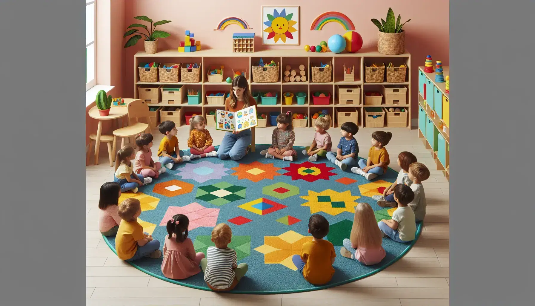 Aula preescolar colorida con niños sentados en alfombra circular y maestra leyendo libro, estantes con juguetes y mesa con materiales de dibujo bajo luz natural.